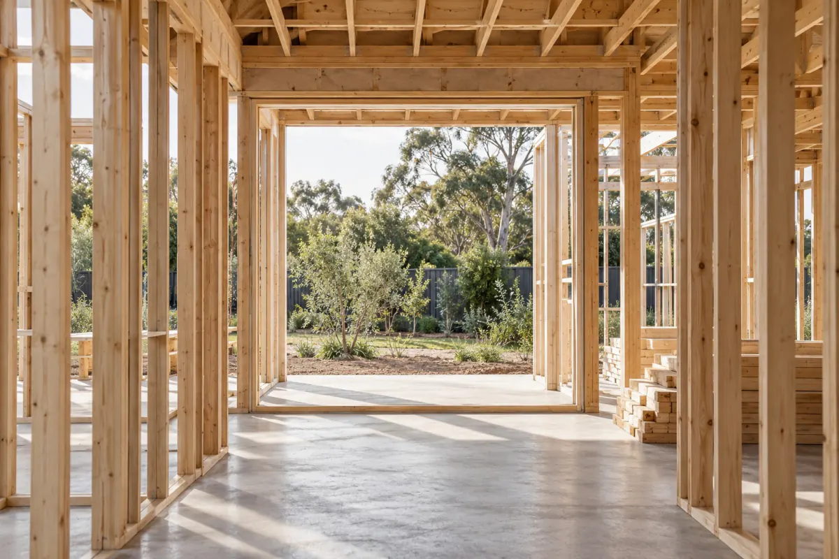 AI-generated illustrative image of a timber-framed home under construction, looking through aligned wall frames toward a garden.