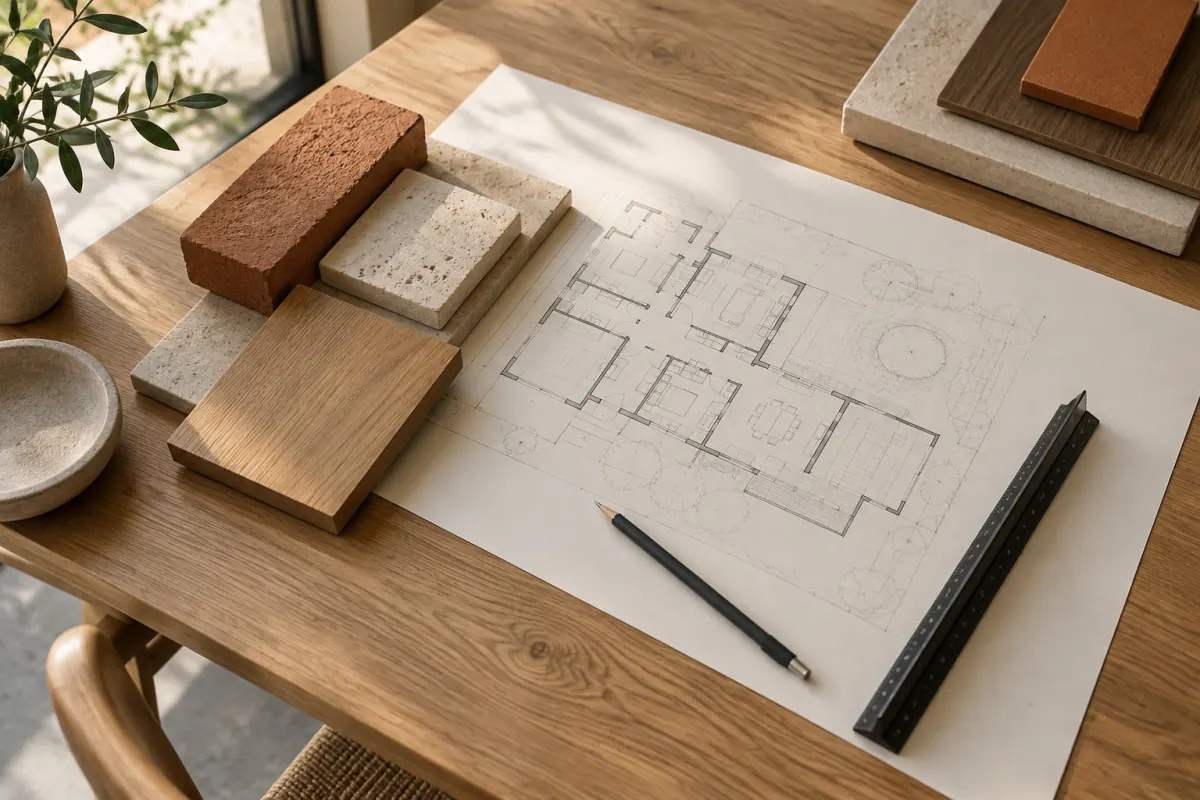 AI-generated editorial image of architectural plans, a pencil, a scale ruler and warm brick, timber and stone material samples.